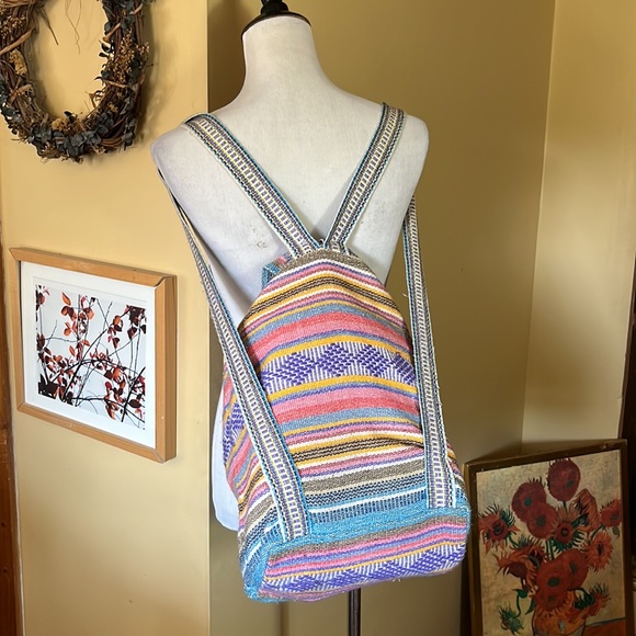 PINZON 100% Cotton Backpack Aztec Stripe / Geometric Summer Soft Travel Rainbow - Picture 7 of 16